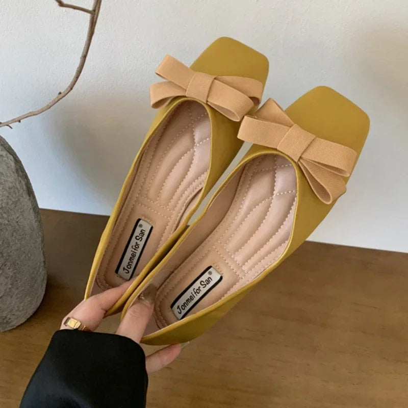 Mary Jane Shoes Square Toe Flats Shallow Dress Shoe Butterfly Knot Patent Leather Soft Soled Ballet Shoes