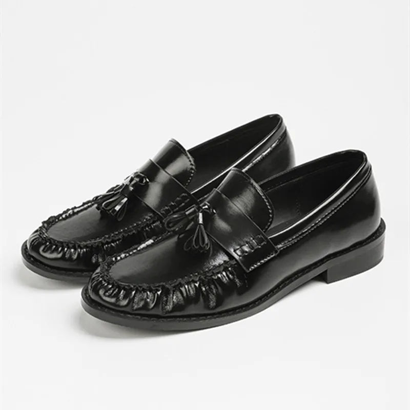 Patent Leather Tassel Design Loafers Square Heel Flat Shoes Comfortable College Style Shoes Zapatos De Mujer