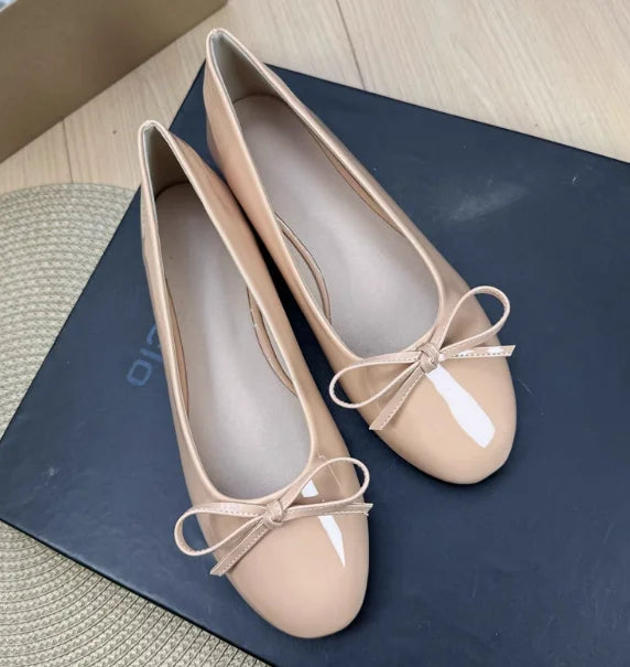 Round Toe Ballet Flats Spongy Bottom Hot Italian Shoes Patent Leather Classic Bow-Knot Dressing Slip-On 34 48 47