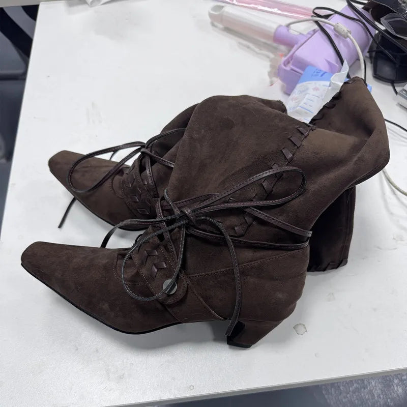 Faux Suede Weave Lace-up Motorcycle Boots High heels Chelsea Western Mid-Calf Short Booties Shoes
