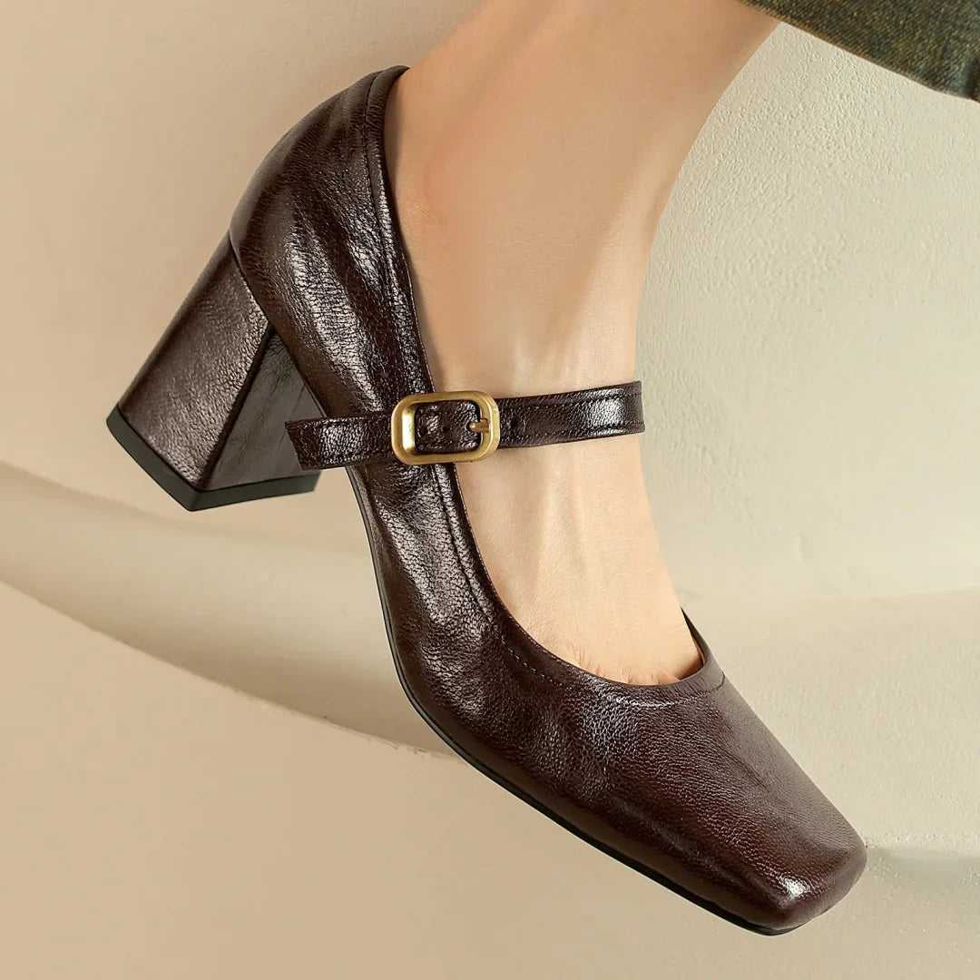 sheepskin square toe slip-on very Jane pumps 6.5cm thick high heel elegant evening dress heeled shoes