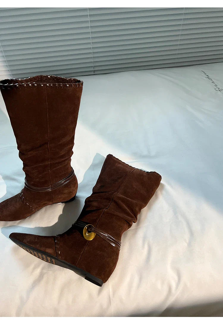 Mid Calf Boots Pointed Toe Flats Shoes Chelsea Boots Casual Walking Suede Zapatos Goth Mujer Botas