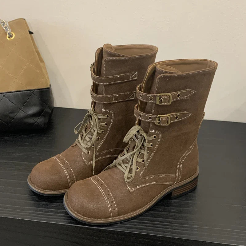 Design Narrow Band Lace-up Knee-High Boots Vintage Round Toe Square Low Heels Shoes