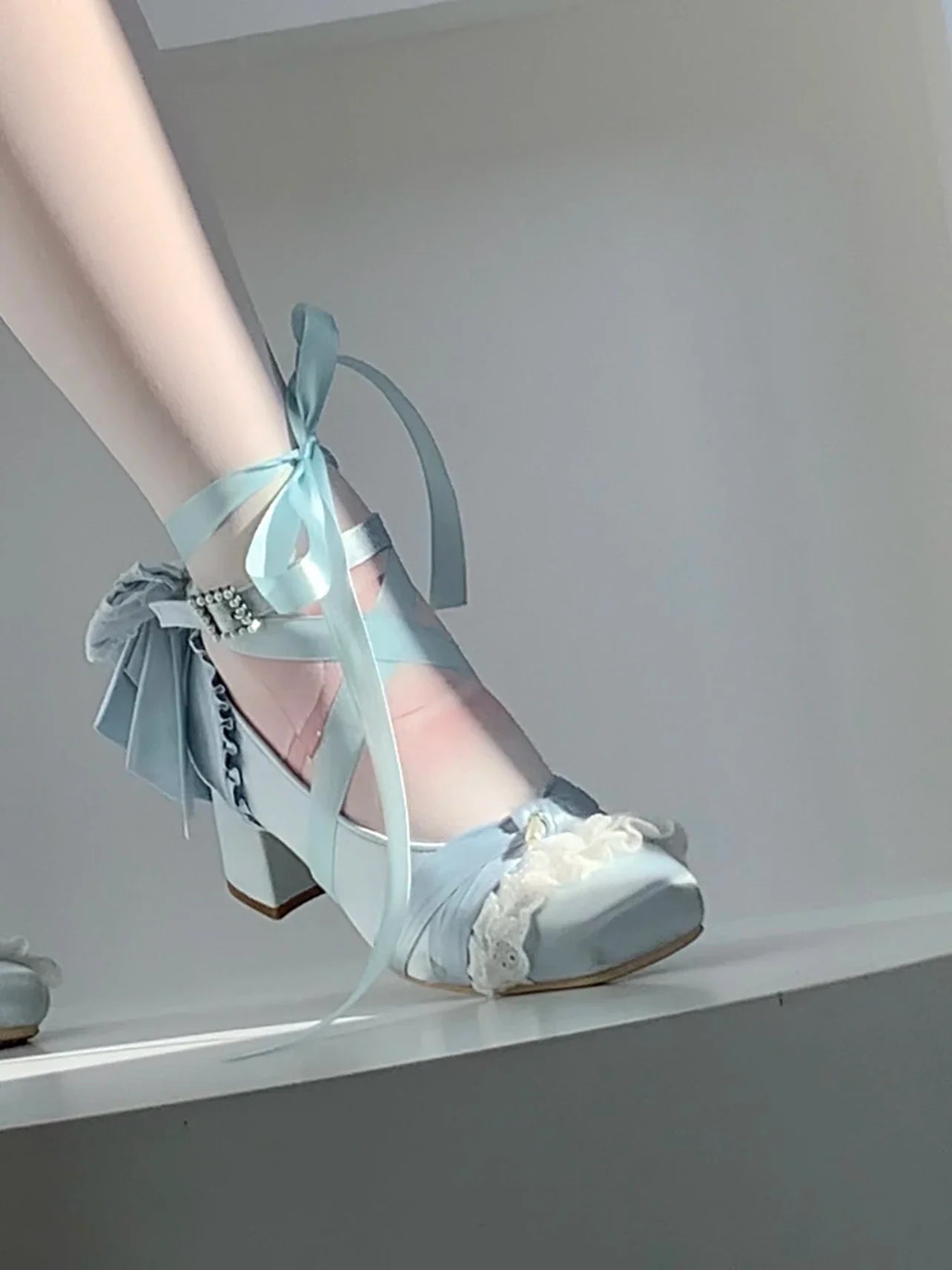 Pink Lolita Shoes Ballet Thick Heel High Heels Mary Jane Shoes Satin Elegant Platform Waterproof Pumps Original
