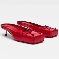 Brand Mule Pumps Slippers Bow Square Toe Party Red Elegant High Heels Sandals
