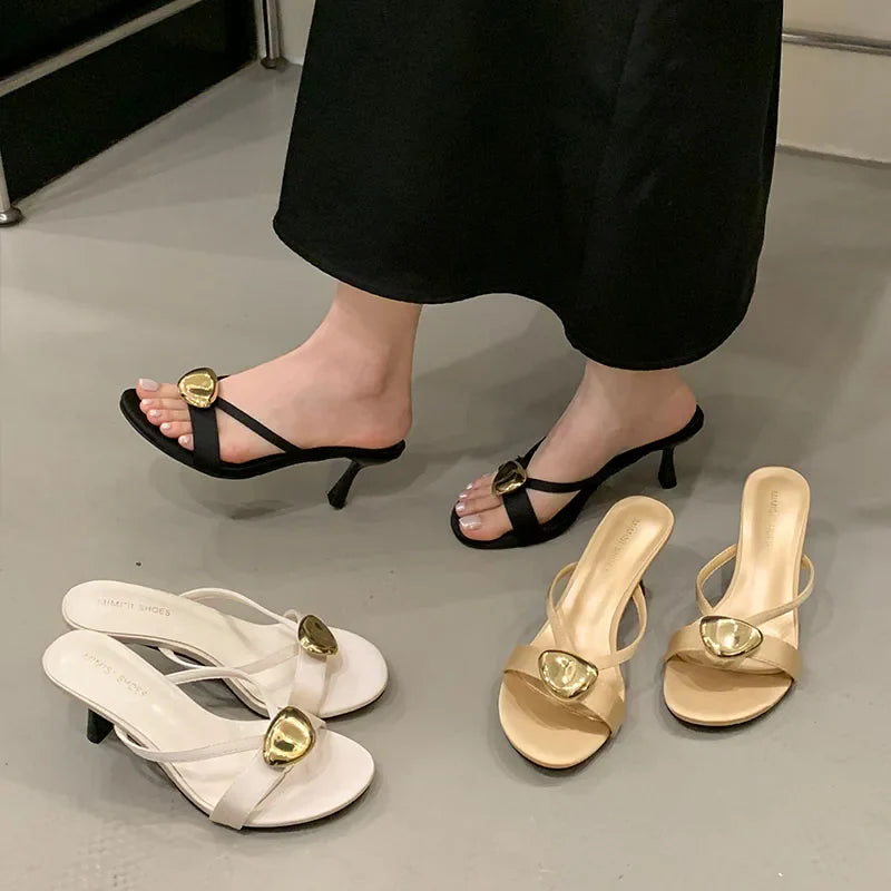 Metal High Heels Pumps Slides Shoes In Slip Round Toe Thin Heels Shoes