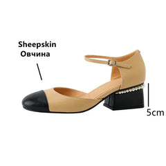 Sheepskin Leather Pumps Pearls Chunky Heels Shoes Brand Two Tone Buckle Pumps Wedding Party Dressy Shoes