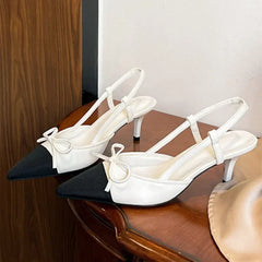 Elegant Bow Brands Pointed Toe High Heels Thin Heeled Sandals Back Strap Mules Shoes Gold Silver