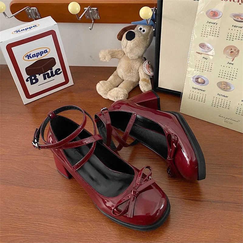 Red Mary Jane Thick High Heels Shoes Lolita Square Toe Shoes Party Leather