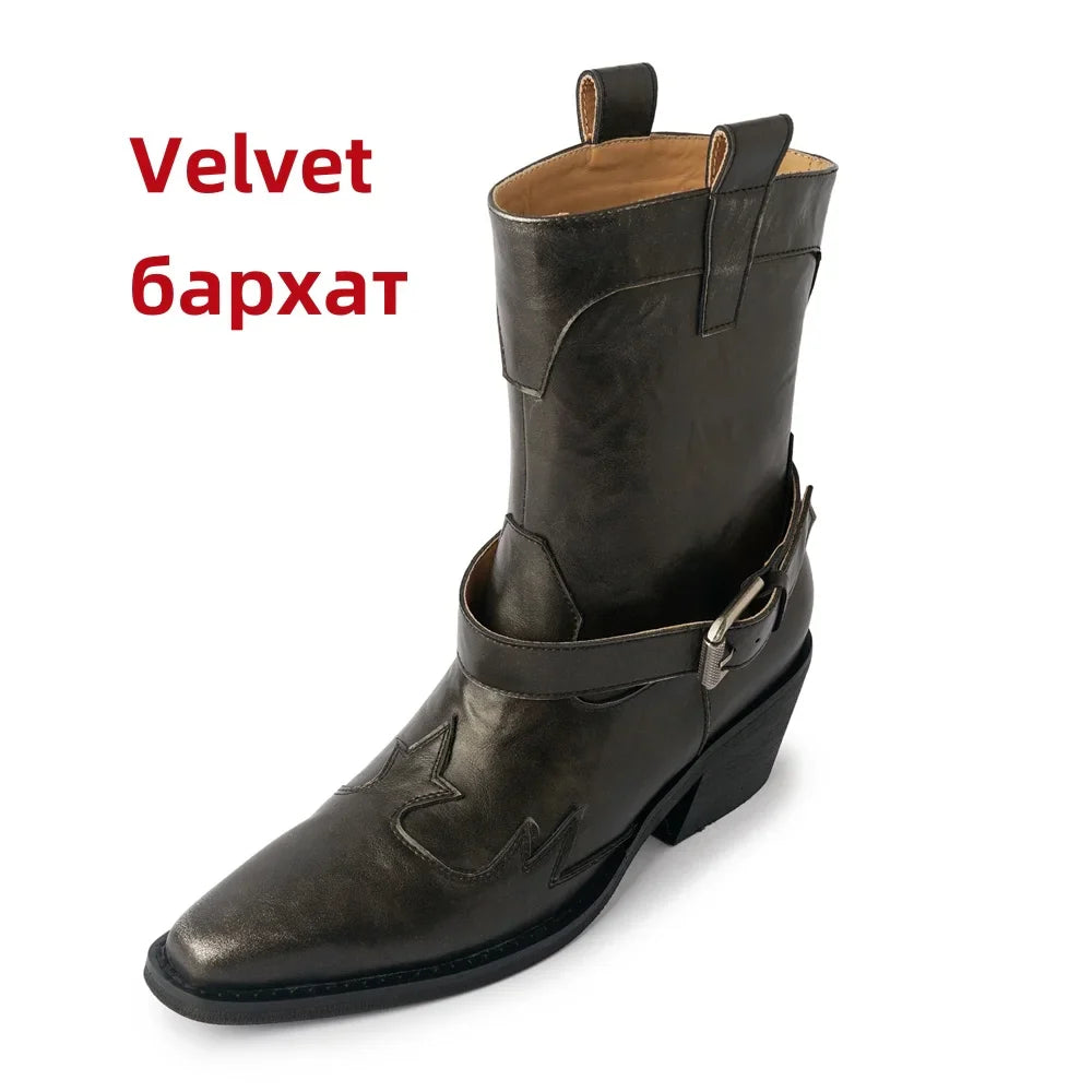 Ankle Boots Genuine Leather Chunky High Heels Shoes