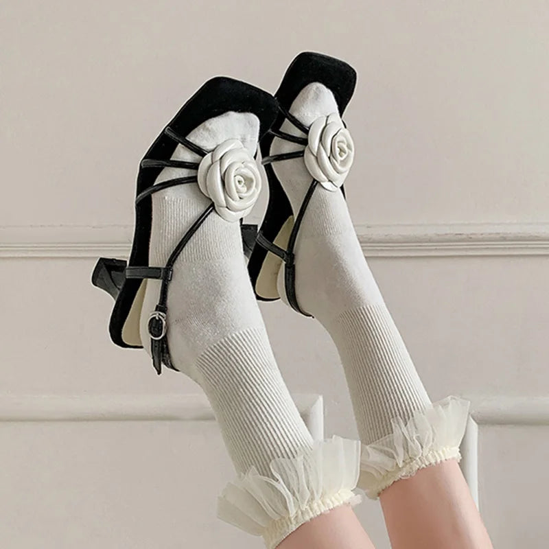 Open Toe Camellia Flower Sandals Square Toe Hollow Strappy Daily Casual High Heels Beach Shoes