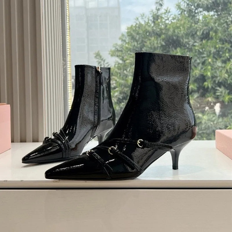 Patent Leather Belt Buckle Ankle Boots Elegant High heels Chelsea Office Lady Short Booties Shoes