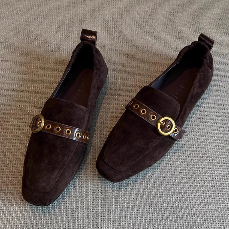 Metal Belt Buckle Design Loafers Retro Suede Square Toe Flats Street Style Comfort Casual Shoe Zapatos Mujer