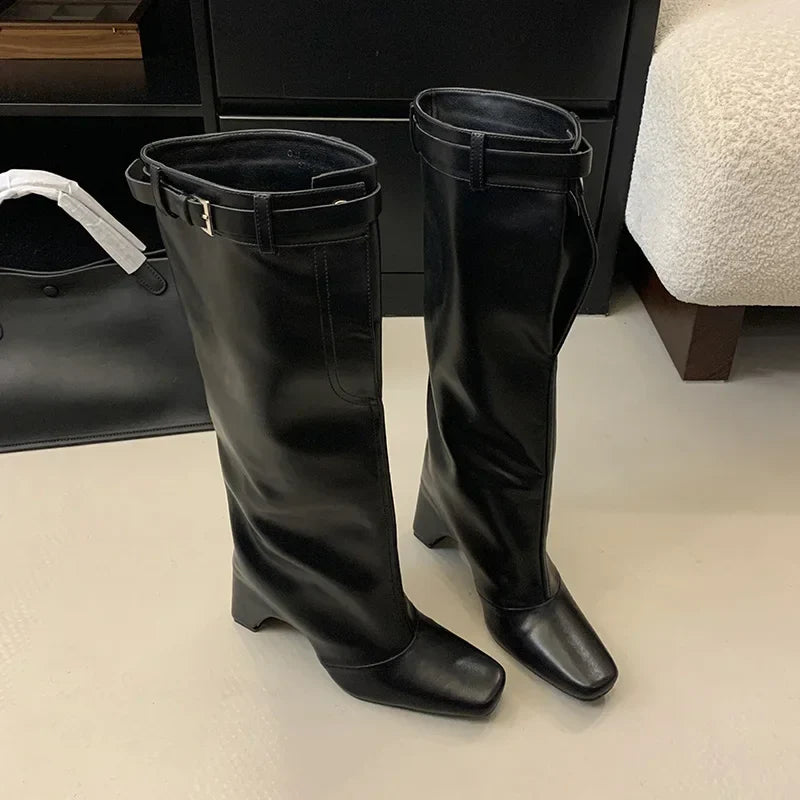 White Square Toe Belt Buckle Shaped Heel Knight Boots Woman Black Slip-On Thick Heel Knee-High Boots Shoes