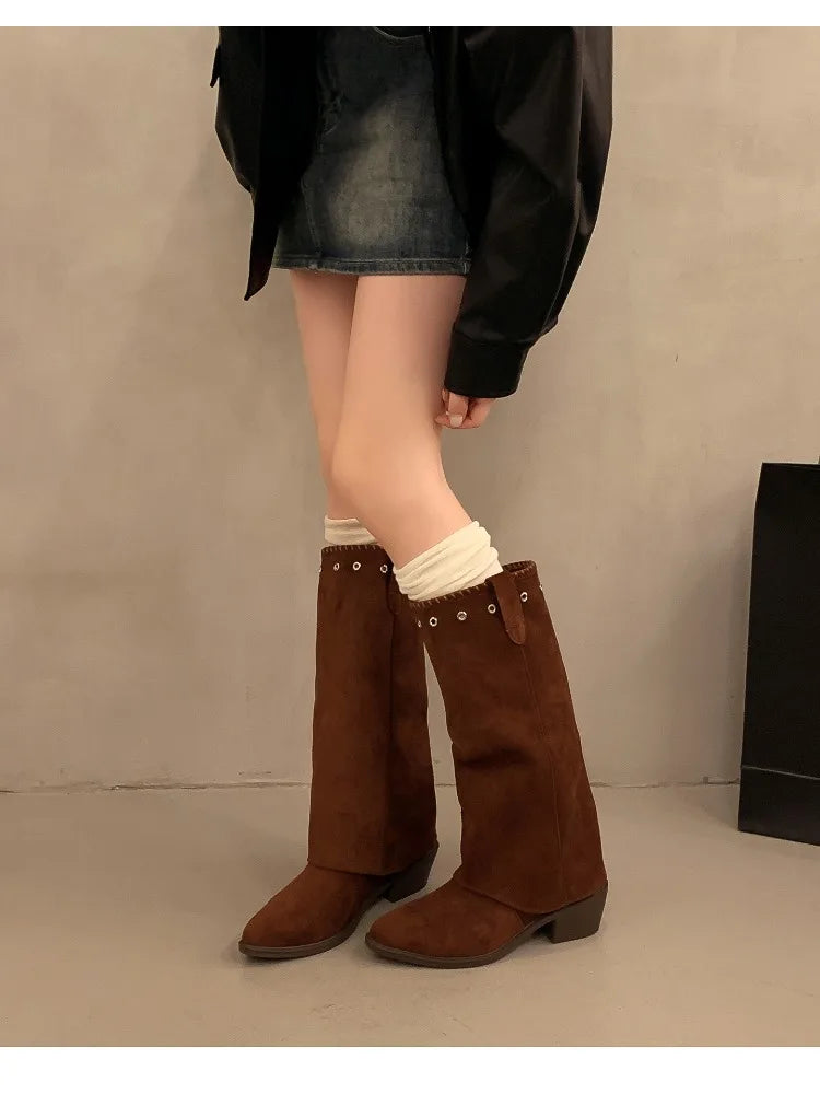 Vintage Thick Heel Western Cowboy Boots Button Combination Splicing Shoes Pipe Long Booties