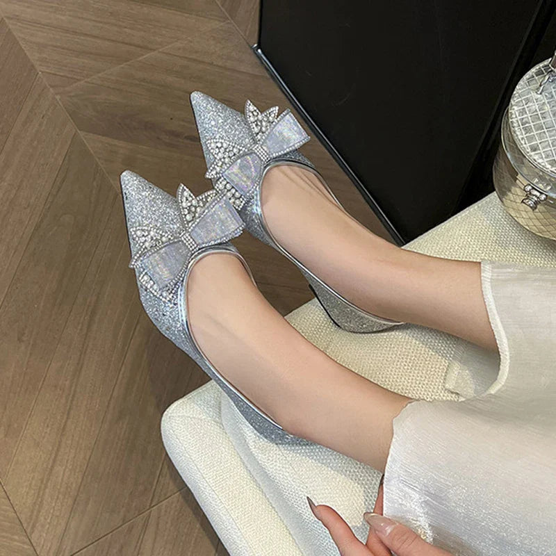 Gold/Silver Bowknot Flats Sparkle Crystal Shoes Elegant Lace Bow Pointed Toe Ballets Moccasins