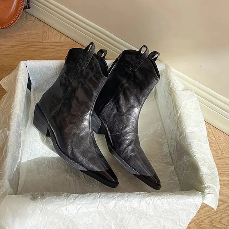 Pointed Toe Back Zipper Ankle Boots Thick High Heels Shoes Boots Cowboy Western Boots Botas de mujer