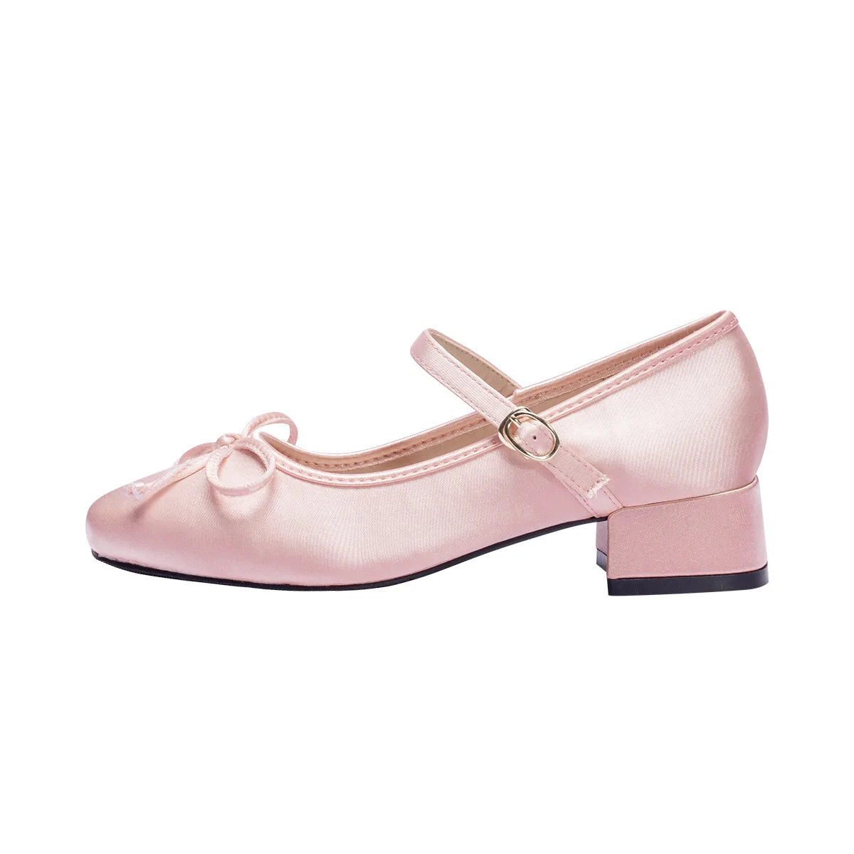 Women/girl's Pink Silk pumps sweet bowtie mary janes shoes woman square toe silk tacones ballerina shoes med-hgh heels bow shoes