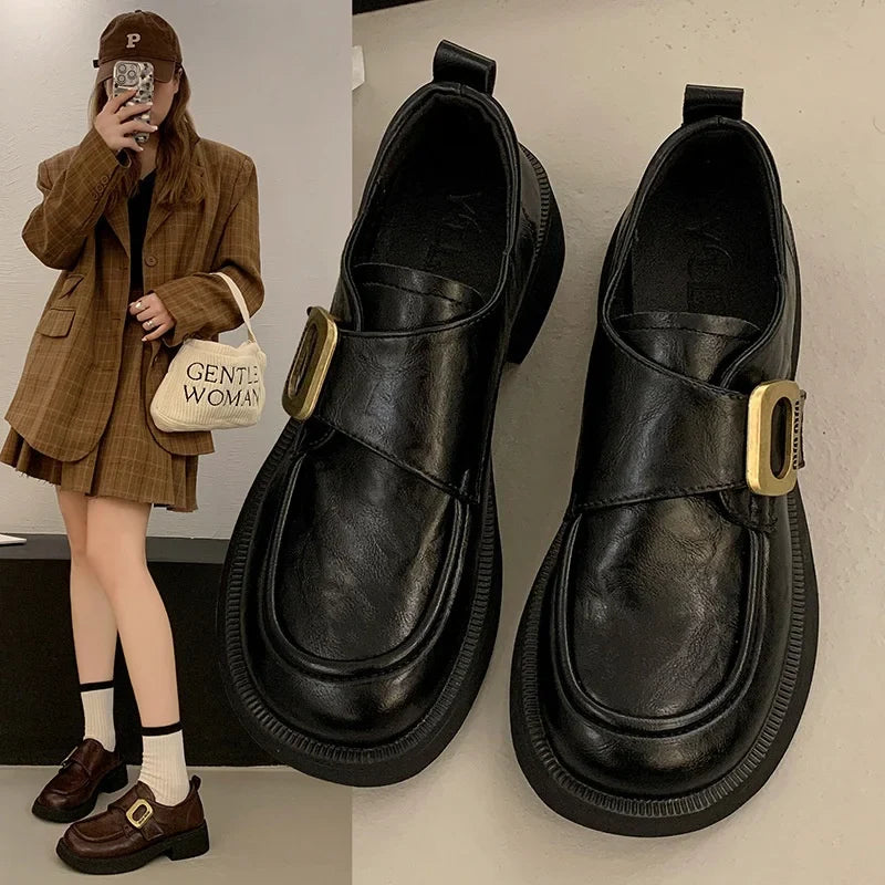 British Style Metal Buckle Low Heels Shoes Daily Dress Up Flat Shoes Outside Casual Comfortable Shoes