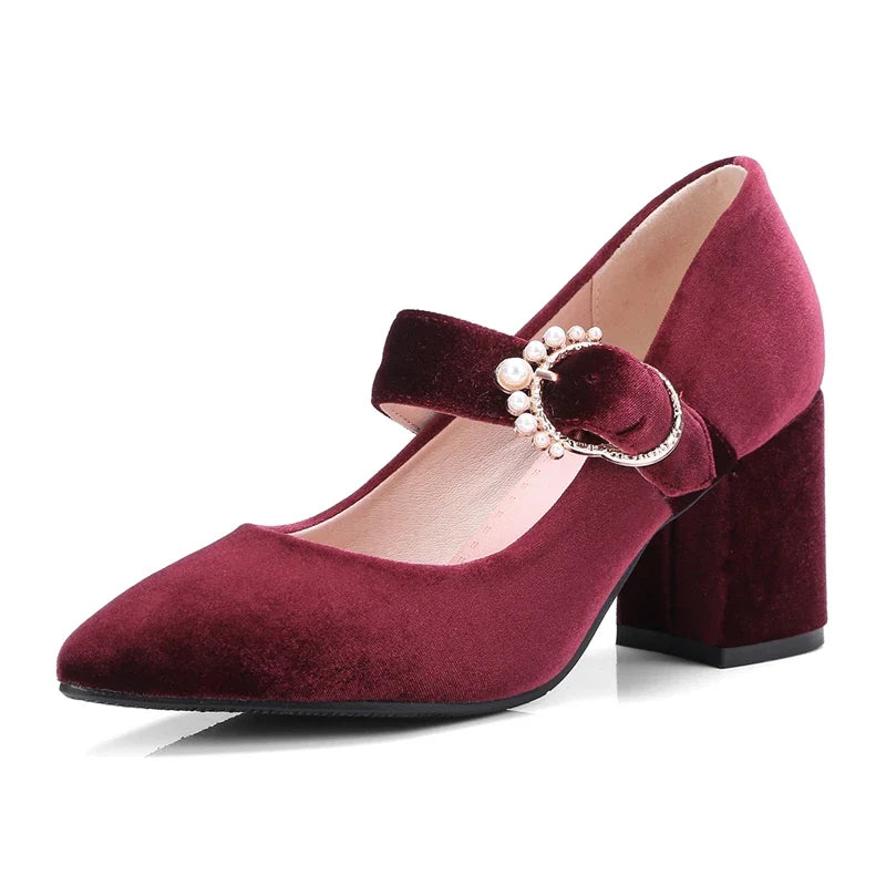 Velvet Mary Jane Shoes Pearls Buckle High-heeled Velour Green Burgundy Pumps Office Banquet Party 33-43