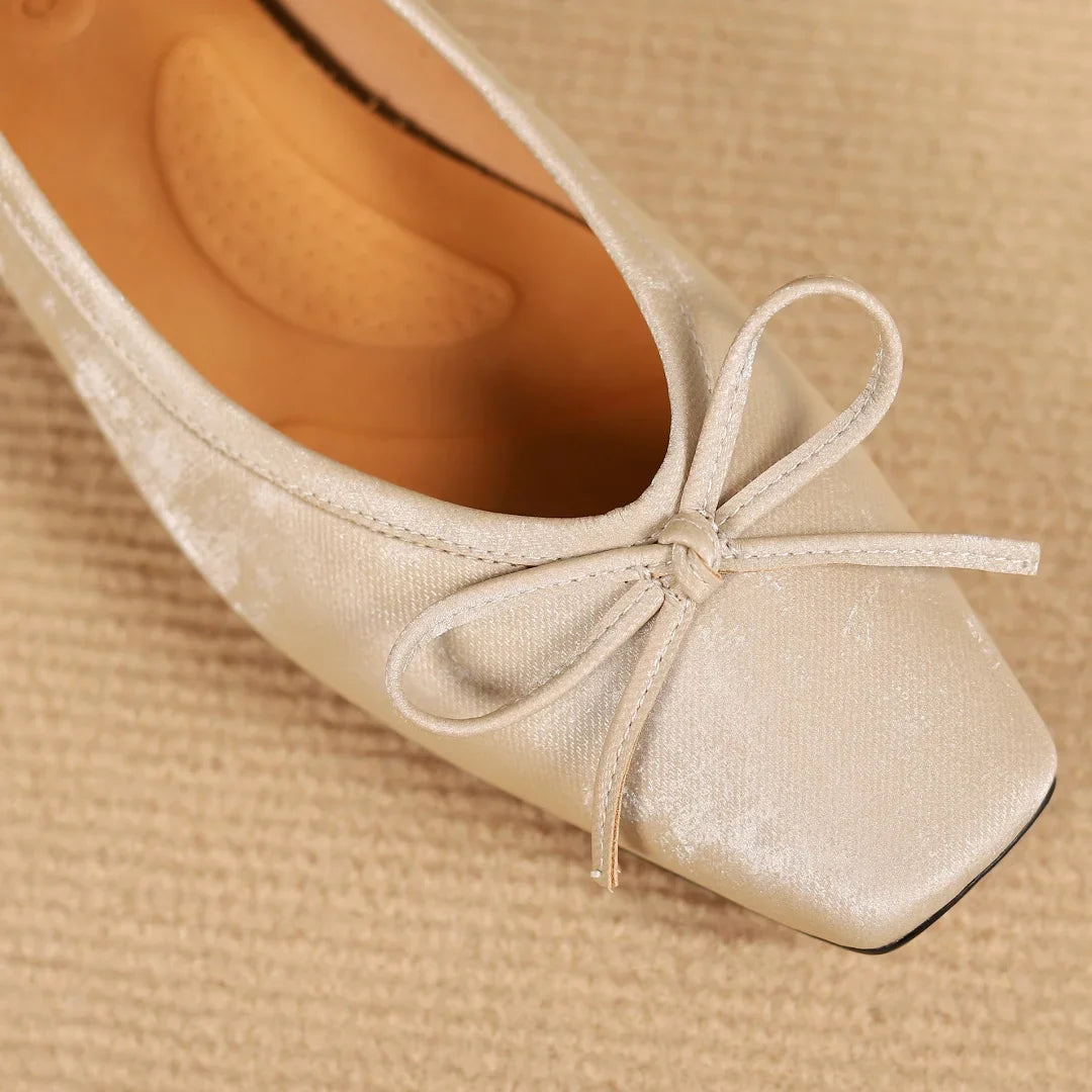 genuine leather square toe slip-on flats slim single shoes sweet bowtie retro daily footwear soft comfort shoes