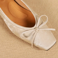 genuine leather square toe slip-on flats slim single shoes sweet bowtie retro daily footwear soft comfort shoes