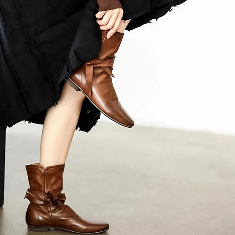Soft Leather Lace-up Ankle Boots Comfortable Flats Short Booties Bowknot Chelsea Boots Shoes Botas