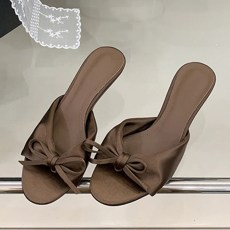 Silk Butterfly Knot Sandals Shallow Open Toe Thin Low Heels Mules Slides Shoes Zapatos Mujer