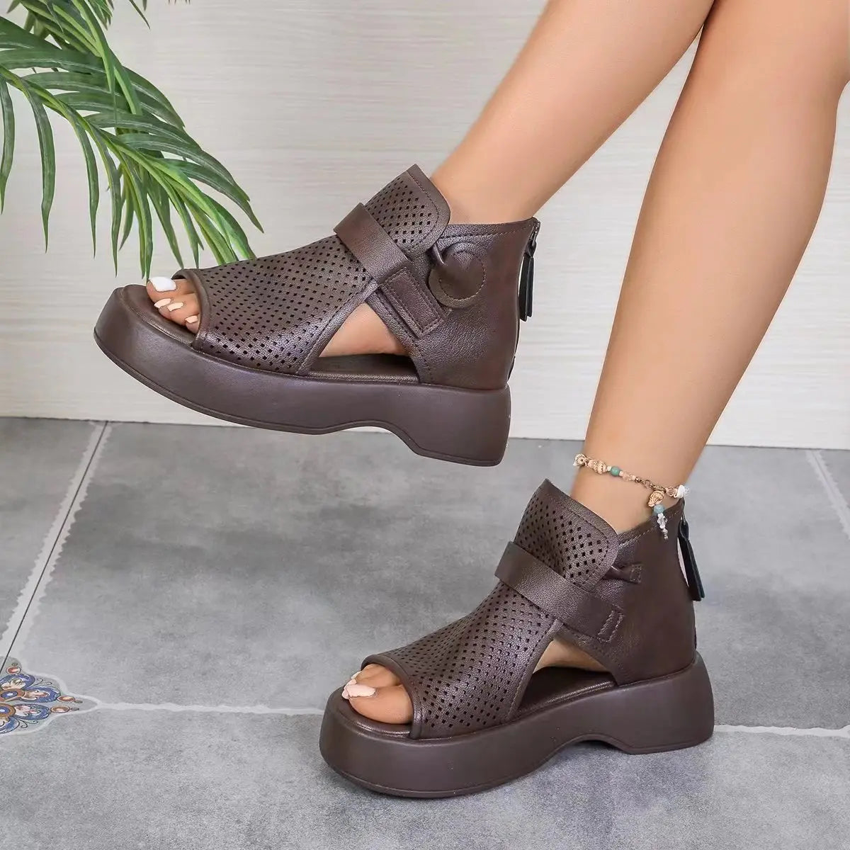 Hollow Breathable Hole Shoes Thick Sole Leather Fish Mouth Hook Loop Retro Comfortable Wedge Sandal Plus Size 43