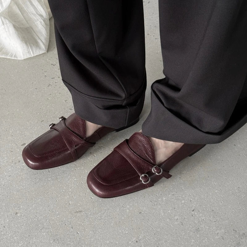 Elegant Burgundy Square Toe Loafers Metal Buckle Stitching Shoes Comfortable Commuting Flat Office Shoes