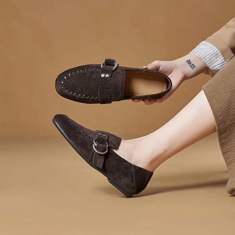 Genuine Leather Flats Metal Buckle-Decorated Suede Loafers Light Comfortable Cow Suede Shoes