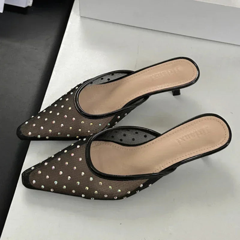 Mesh Rhinestone High Heels Breathable Pointy Toe Shallow Mouth Slippers