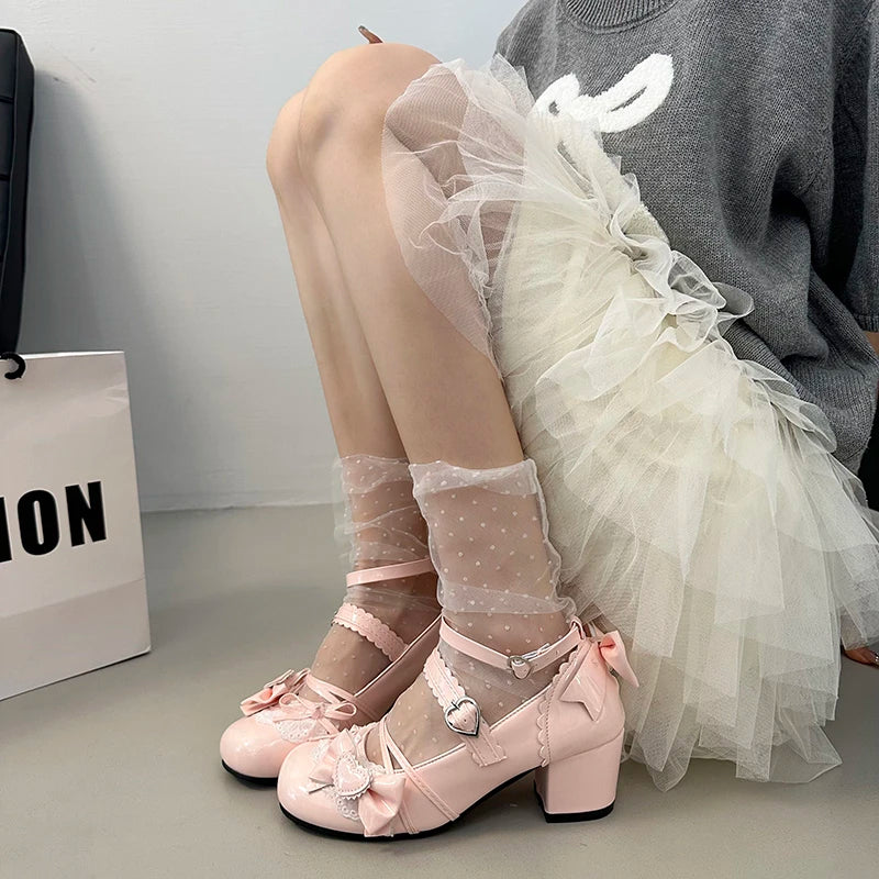 Butterfly-knot Lolita Mary Jane Shoes Elegant Round Toe Thick Heel Shoes Dress Pumps
