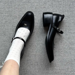 Shallow Mouthed Mary Jane Shoes Thick Heel with A Single Button Leather Shoes Metal Decorative Leisure Flat Shoes