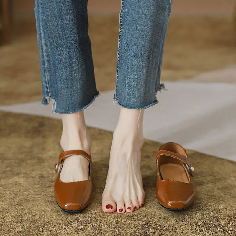 Square Toe Brown leather mary janes shoes woman retro ankle strap flats shallow mouth moccasins comfy ballerina shoes