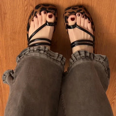 Leopard Wedges Heel Slippers Clip Toe Dress Slide Shoes Thick Bottom Flip Flop