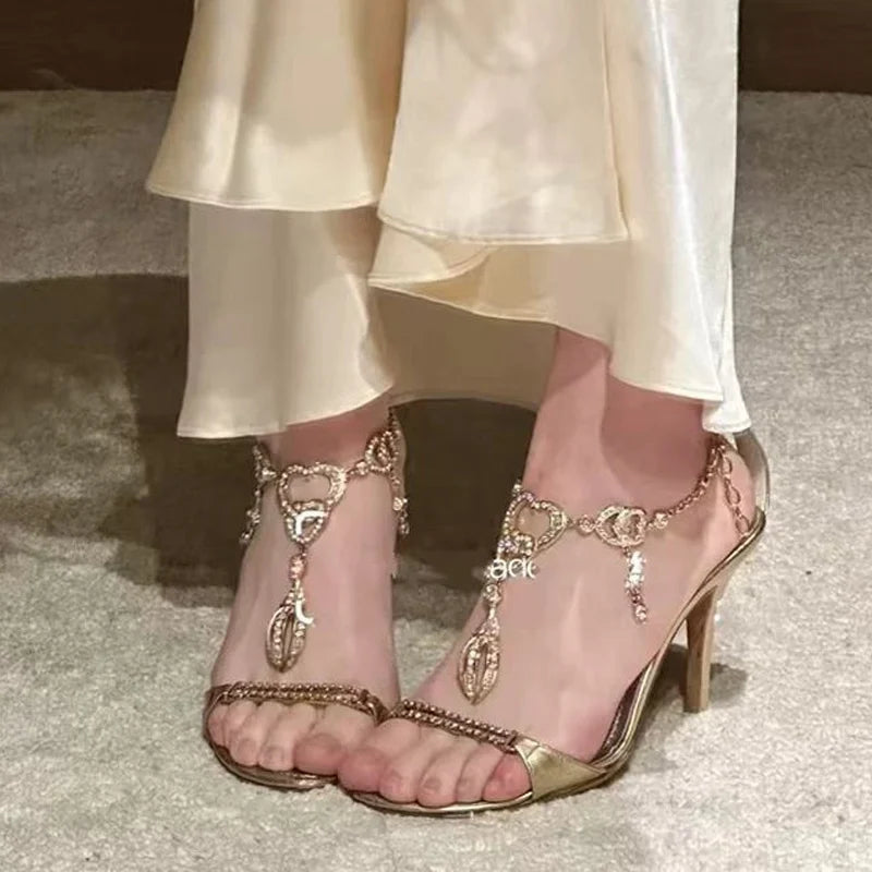 Crystal Rhinestone Chain Ankle Strap Sandals Elegant Open Toe Gold High Heels Wedding Prom Shoes