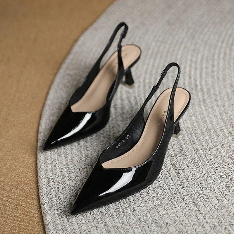Elegant Slingback High Heels Sandals Woman Rear-Strap Shoes Office Dress Shiny Leather Pumps Pointed Toe Cut-Out Tacones