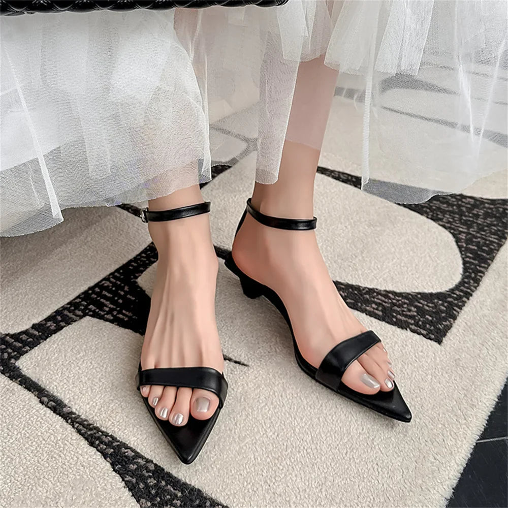 Leopard Sandals Leather Kitten High Heels Pointed Toe Party Wedding Shoes Woman Buckles Prom Pumps