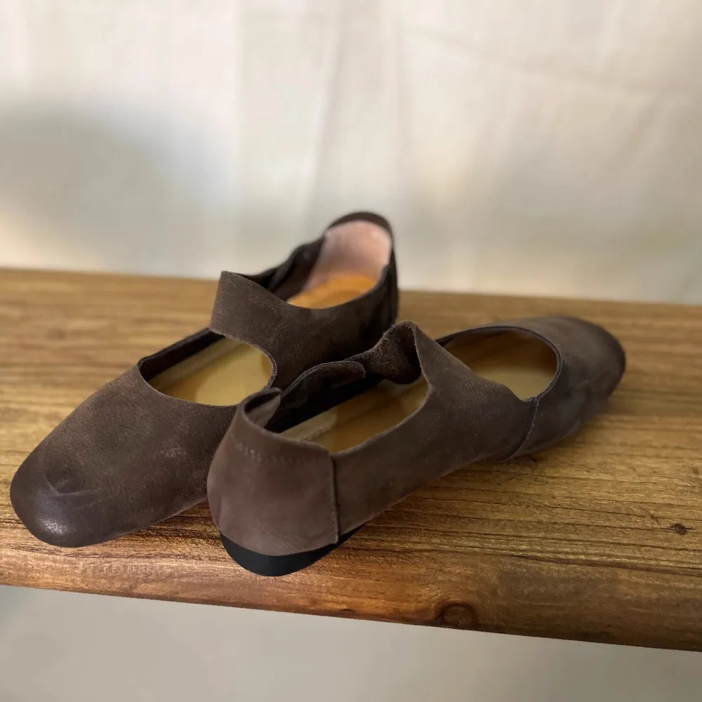 Flat Shoes Genuine Leather Retro Round Toe Flat Ballet Shoes Mary Jane Single Shoe Flats