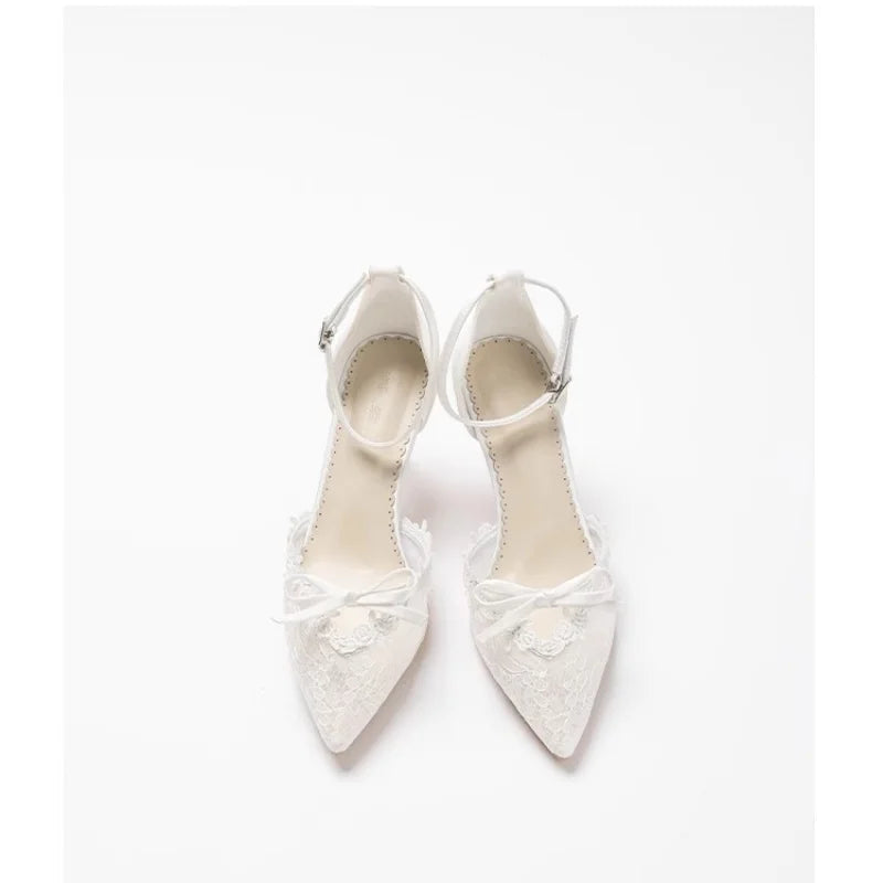 and pointed hollow lace bow low-heeled wedding shoes thin high-heeled banquet dress small size sandals