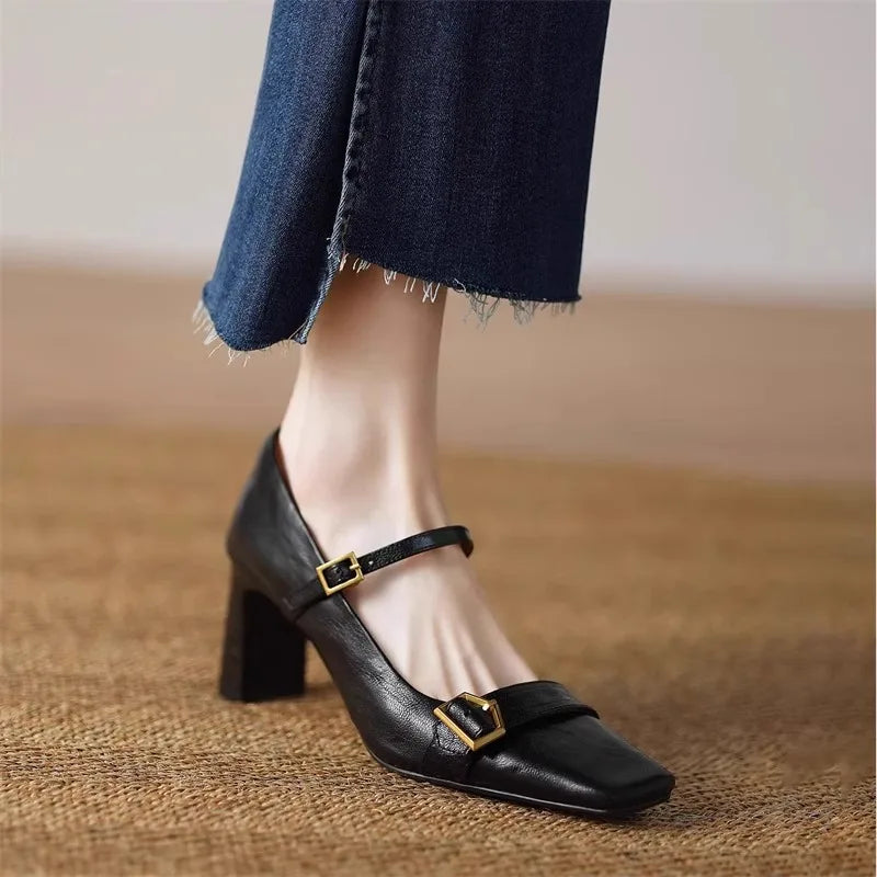 Metal Buckle Decoration Mary Jane Shoes Comfortable Leather High Heels Elegant Chunky Heel Zapatos De Mujer