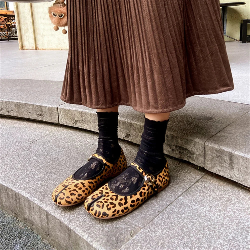 Mary Jane Genuine Leather Shoes Hand Stitch Casual Streetwear Ballet Flats Leopard Red Cute Shoes Loafers