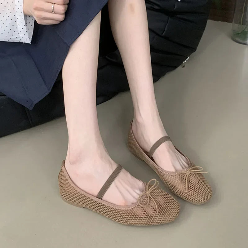 Mesh Breathable Mary Janes Flats Shoes Butterfly-Knot Footwear Ballet Flats Dance Shoes