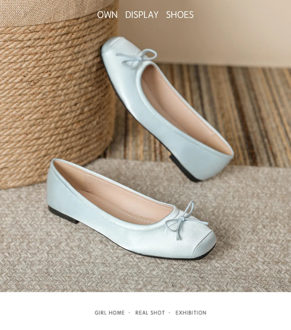 Deliate Bowtie Silk Ballerinas Woman Traf Pig Square Toe Flats Shallow Slip On Moccasins Femme Brides Wedding Shoes Pink Ballets