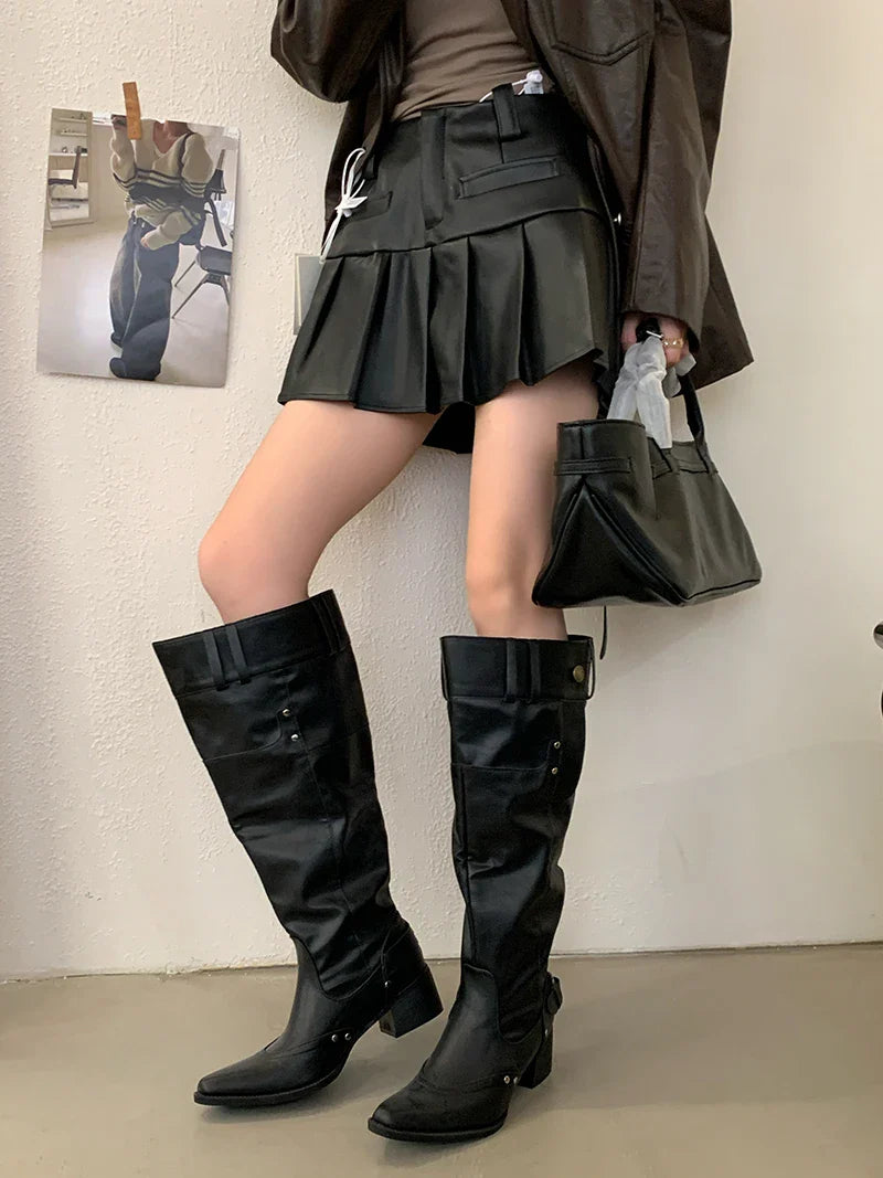 Black Boot Knee High Long Shoes Woman Pointed Toe Chunky Heels White Boots Belt Buckle Rivet Wide-Leg Shoe