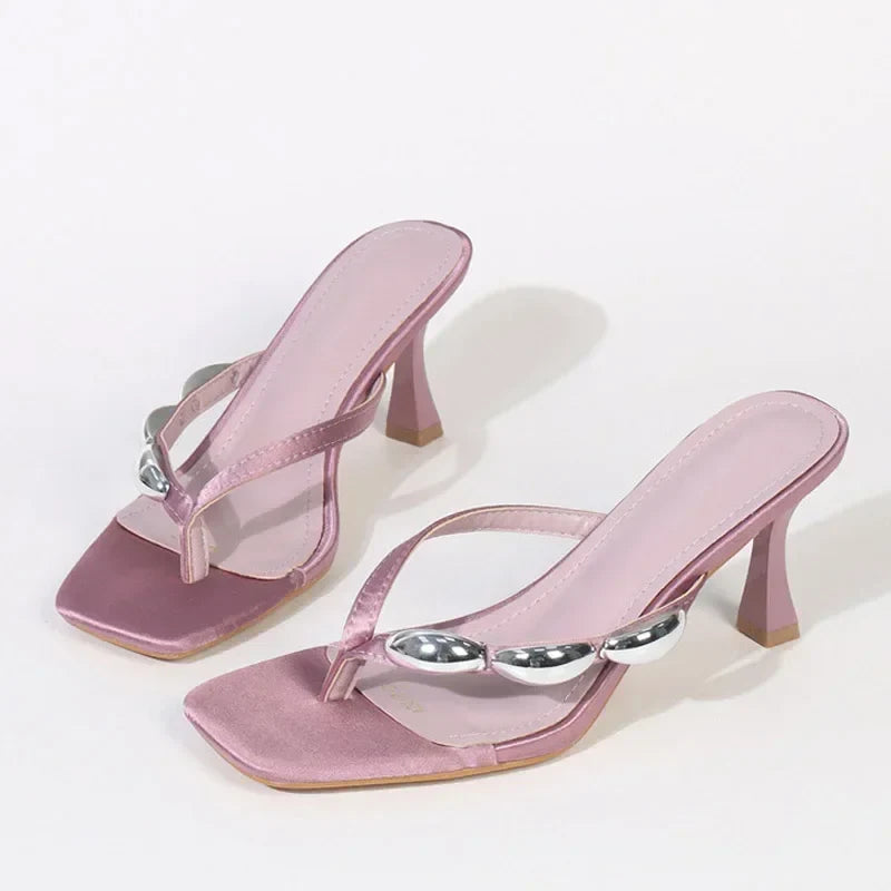 Metal Narrow Band Flip Flops Slippers Party Low Heels Gladiator Slide Sandals Mules Shoes