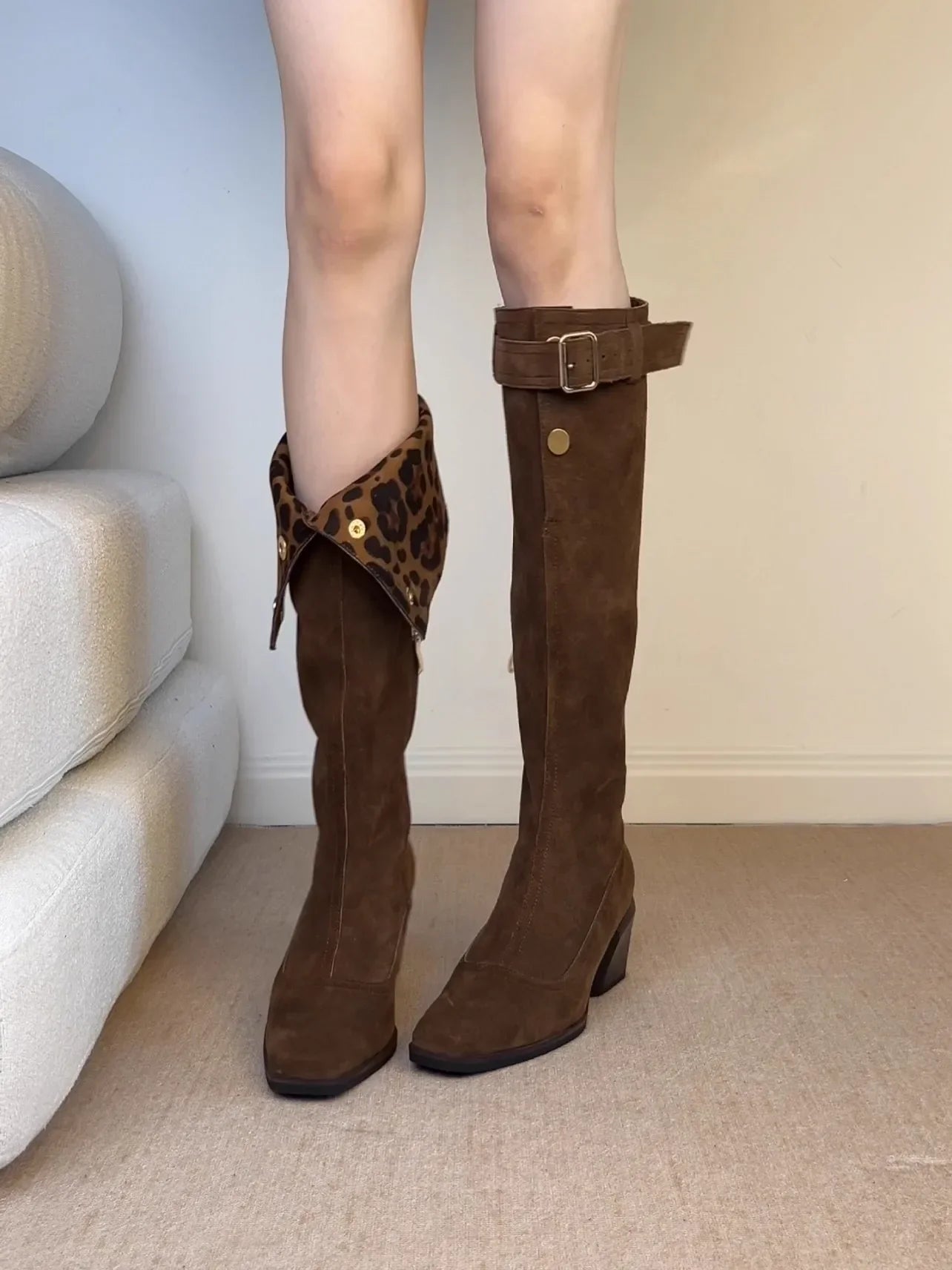 Leopard Knee High Boots High Heels Shoes Warm Long Boots Suede Pumps Chunky Chelsea Boots Snow Botas