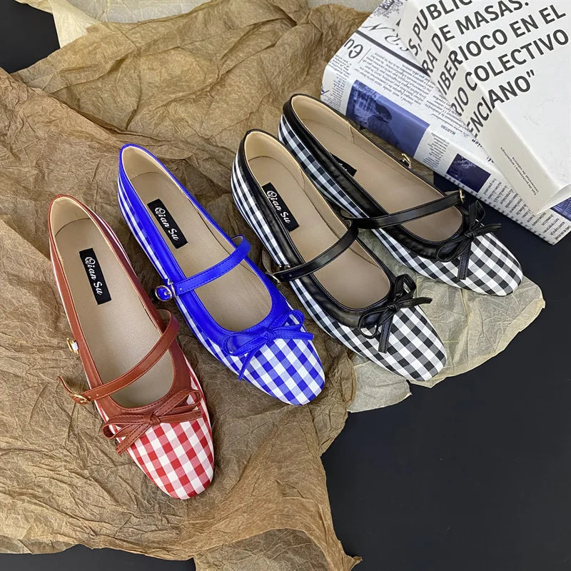 High Quality Checkered Design Mary Jane Shoes Inner Height Increase Flat Ballet Shoes Comfortable Soft Bottom