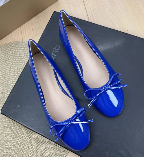 Round Toe Ballet Flats Spongy Bottom Hot Italian Shoes Patent Leather Classic Bow-Knot Dressing Slip-On 34 48 47